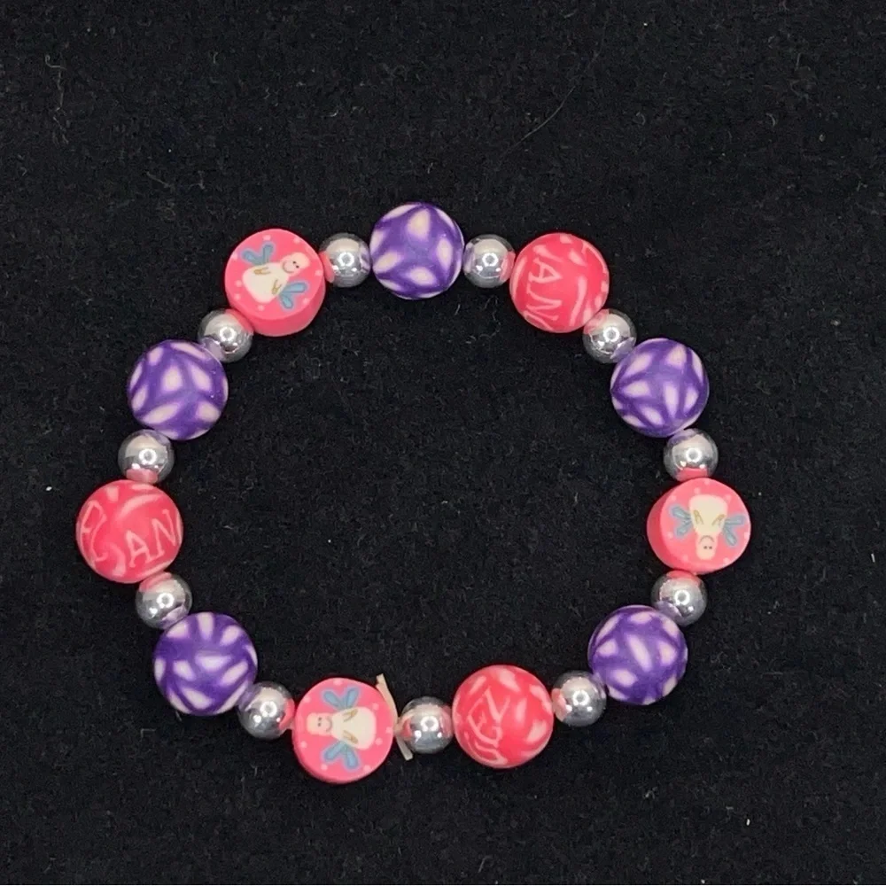 Vintage 90s Children’s Bracelet Neon Pink Angel Image Purple Accent 6” Length